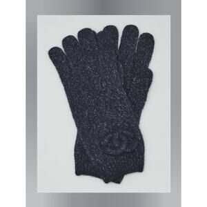 Chanel Dark Blue Metallic Cashmere Silk Knit CC Gloves